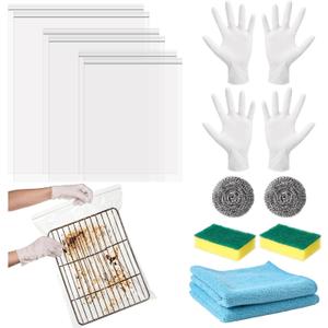 3 x Oven Rack Cleaner Bags Kit Heavy Duty Reusable Oven Rack Soaking Cleaner Bags in 3 Sizes with Gloves Steel Wool Sponges Cleaning Cloths for Deep Degreasing Household Maintenance