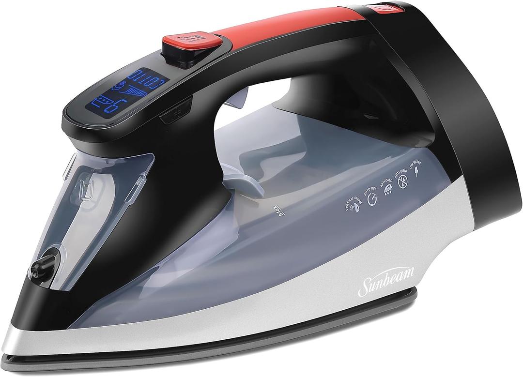 Sunbeam Professional 1700W Digital Steam Iron, 11-Heat Settings, Multi-Color LCD Display Screen, Precision Ironing, Horizontal or Vertical Shot of Stem, 8' Retractable Cord, Black and Red