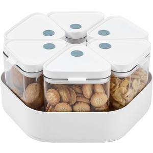 Chef's Path Spinning Container Set - 6 Pieces BPA-Free, Airtight, Clear Storage Bins (450 mL) and White Hexagonal 360° Lazy Susan Organizer for Cabinet, Pantry, Kitchen, and Office Storage Solutions