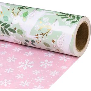 RUSPEPA Reversible Christmas Wrapping Paper Roll, Mini Roll, Gold Foil White Reindeer Woodland Pattern and Pink Snowflake Gift Wrap Paper for Holiday, Winter Gifts, 17 Inches x 32.8 