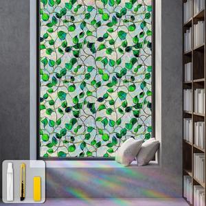 Window Privacy Film Static Cling Sticker Rainbow Window Film Glass Decals with Iridescent Effect, Removable Nature Pattern Tint for Home Bathroom Door Car Windows(Blue & Green pothos Botanical Design), 35" x 157" Inch