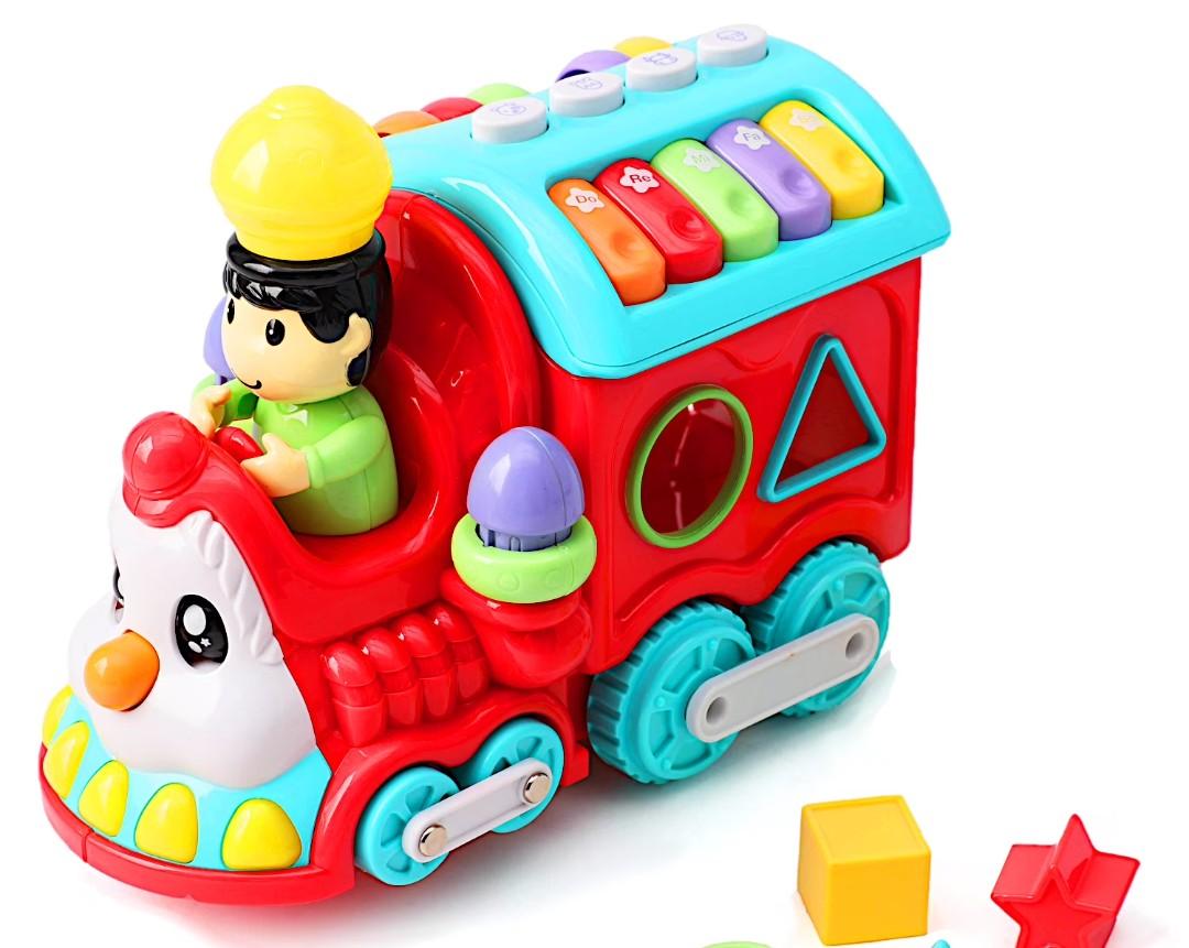 POCO DIVO Toddler Learning Train, Facial Musical Locomotive Rolling Engine, Kids Flash Rail Cargo, Baby Cartoon Push Carriage, Boys Girls Early Education Toy for Piano Animal-Sound Shape Color Count