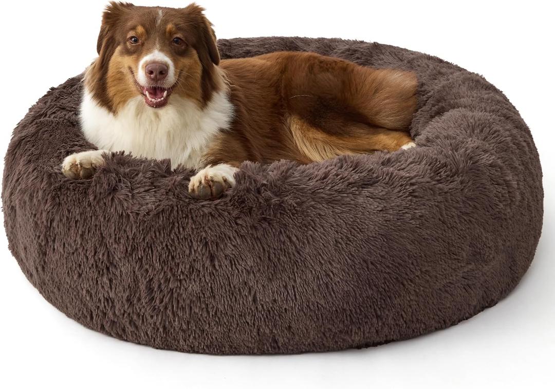 Bedsure SupportMax Calming Dog Beds Large Sized Dog - 36in Donut Washable Large Pet Bed,Anti-Slip Removable Cover,420GSM Round Anti-Anxiety Fluffy Plush Faux Fur Bed, Fits up to 80 lbs Pets
