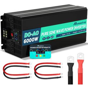 6000W Pure Sine Wave Inverter 12V DC to 110V AC with Wireless Remote Control LCD Display 4 AC Outlets, 1 USB and Terminal Blocks for RV Truck Cabin Off Grid