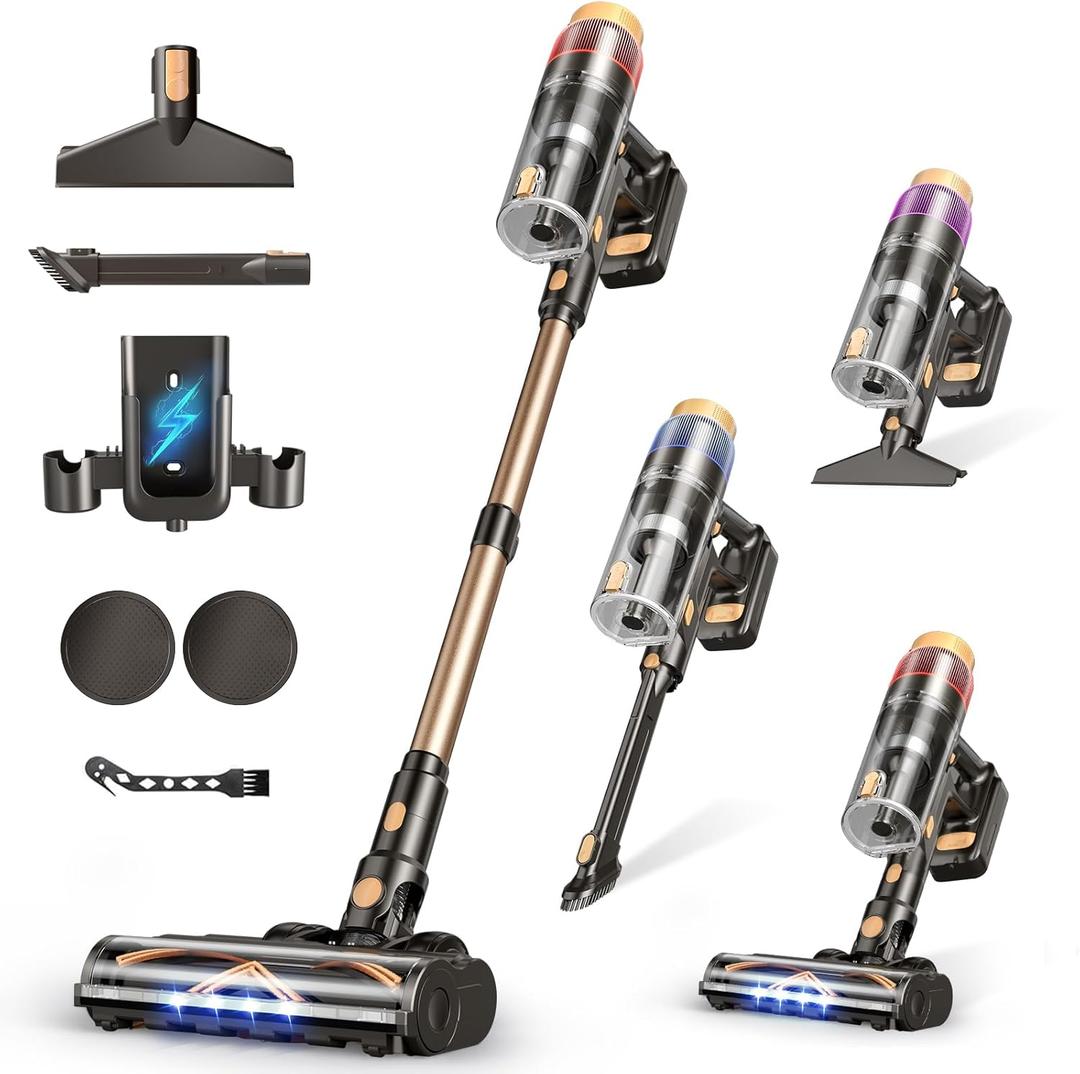 Cordless Vacuum Cleaner, Upgraded 600W 50KPA 70Mins Vacuum Cleaners for Home, Self-Standing Stick Vacuum, Wall Mount Charge & Touch Screen, Anti-Tangle for Pet Hair Carpet Hardwood Floor Car (Black)