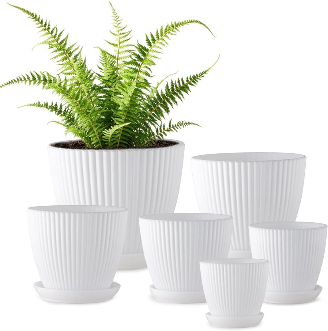 7.5/6.5/5.5/4.9/4.2/3.5 Inch Plant Pots with Drainage Holes and Saucer, Plastic Flower Pots for Indoor Plants, Lightweight Planter Pots for Plants, White