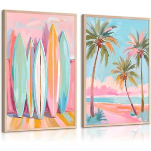 Pink Beach Wall Art Coastal Canvas Pictures Palm Tree Wall Decor Summer Surf Poster Pastel Ocean Painting Tropical Beachy Prints Preppy Aesthetic Artwork for Girl Room Bedroom 12x16x2 Inch Unframed