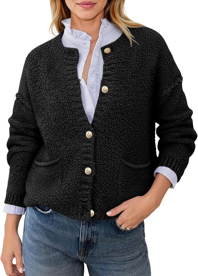Saodimallsu Women's Chunky Knit Cardigan Button Down Crewneck Long Sleeve Cropped Sweater with Pockets (Gray, M)