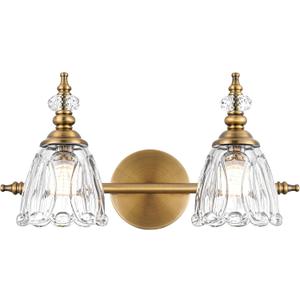 Brass Vanity Light, Farmhouse Brushed Gold Bathroom Light Fixtures, 2 Light Bathroom Vanity Lights, Flower Glass Shade Wall Sconce Lighting
