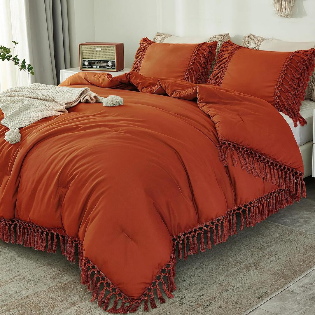 Andency Terracotta Comforter Set King, 3 Pieces Boho Tassel Bedding