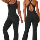 TDIFFUN Flare Workout Jumpsuits for Women One Piece Sleeveless Scrunch Butt Lifting Gym Bodysuit Sexy Backless Yoga Outfits, Medium, Black
