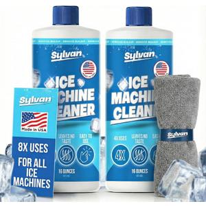 Sylvan Ice Machine Cleaner and Descaler | 2x 16 oz (8 uses) | Free Cloth | Made in USA | Nickel Safe Ice Maker Cleaner and Descaler | Universal Compatibility for Commercial & Residential Ice Makers