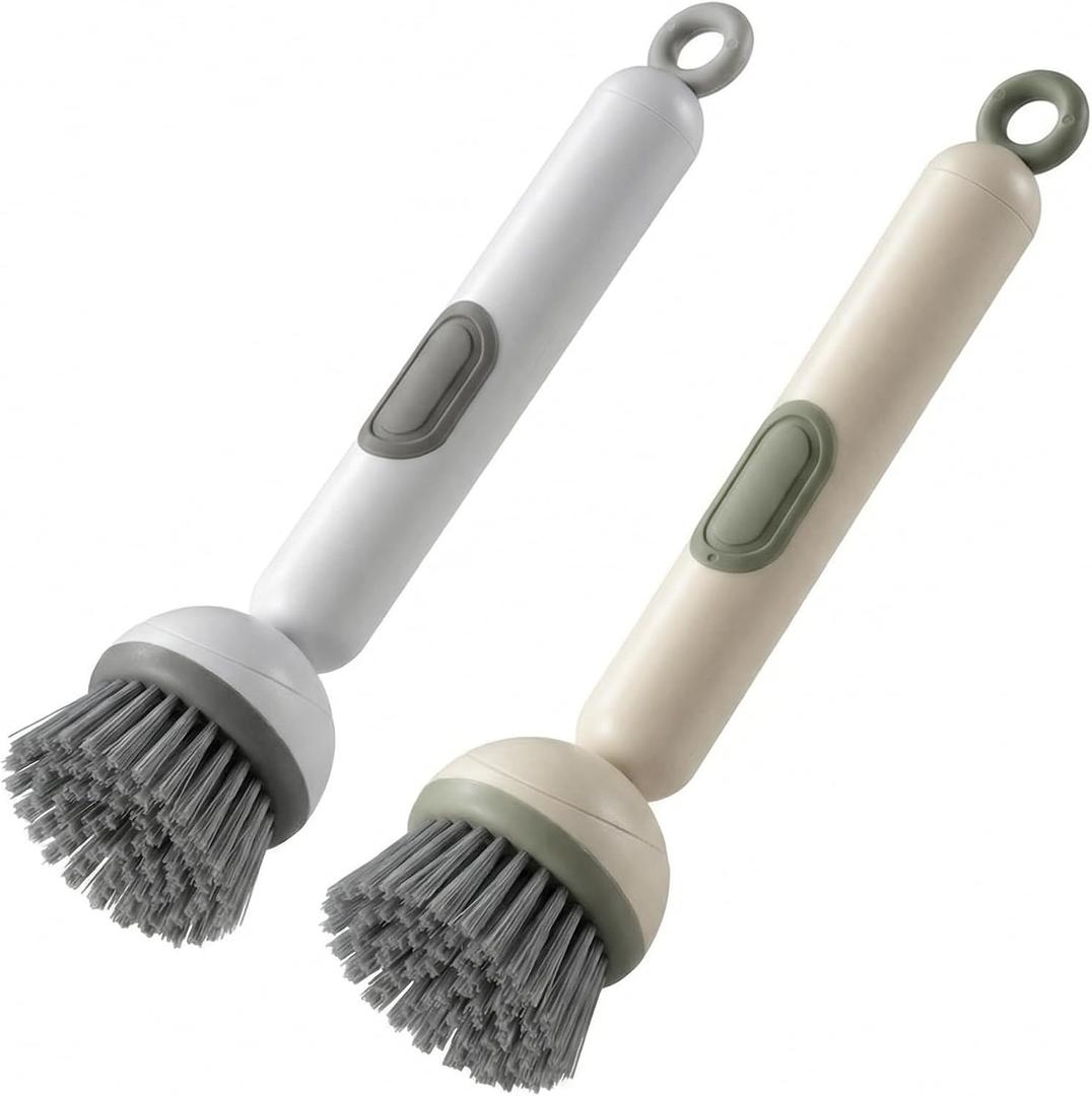 Li&Zhao Dish Brush with Soap Dispenser Kitchen Sink Brush with Built-in Liquid Dispenser Wall Mount for Adjustable Angle Rotating, Heavy-Duty Dish Soap Brush for Sink, Stove, Cookware (2 Pack)