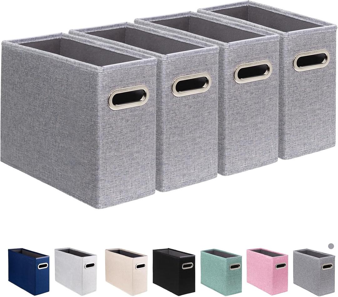 4 Pack Letter Size File Storage Box Collapsible, Fabric Hanging File Folders Organizer, Portable Office Document Holder with Metal Handle, Smooth PVC Rails, Gray