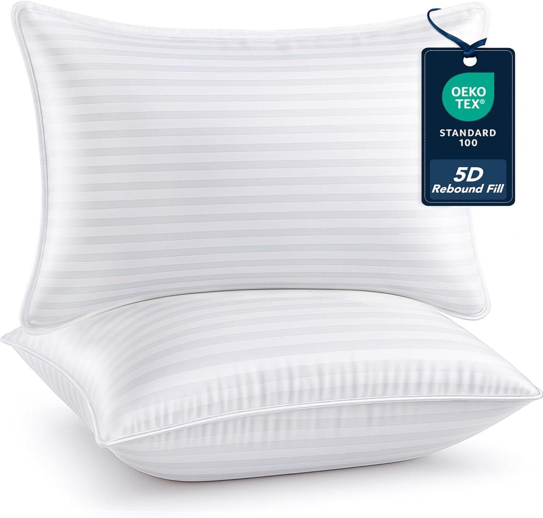 Deconovo Luxury Striped Pillows for Sleeping - Oeko-TEX Certified, for Back, Stomach or Side Sleepers, Breathable Cotton Cover, Cooling, Machine Washable  2 Pack Queen Size (20x30), White