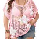 Alsol Lamesa Women's Plus Size Crochet Tops Short Sleeve Hollow Out Loose Scoop Neck Beach Crochet Cover Up (Pink, XXXL)