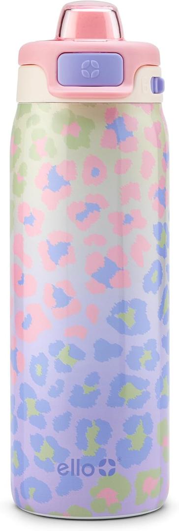 Ello Pop & Fill 18oz Stainless Steel Kids Water Bottle with Quick Fill Lid | Vacuum Insulated BPA Free Bottle with Leak Proof Straw and Chug Lid, Dishwasher Safe, Gift For Kids Teens, Cheetah