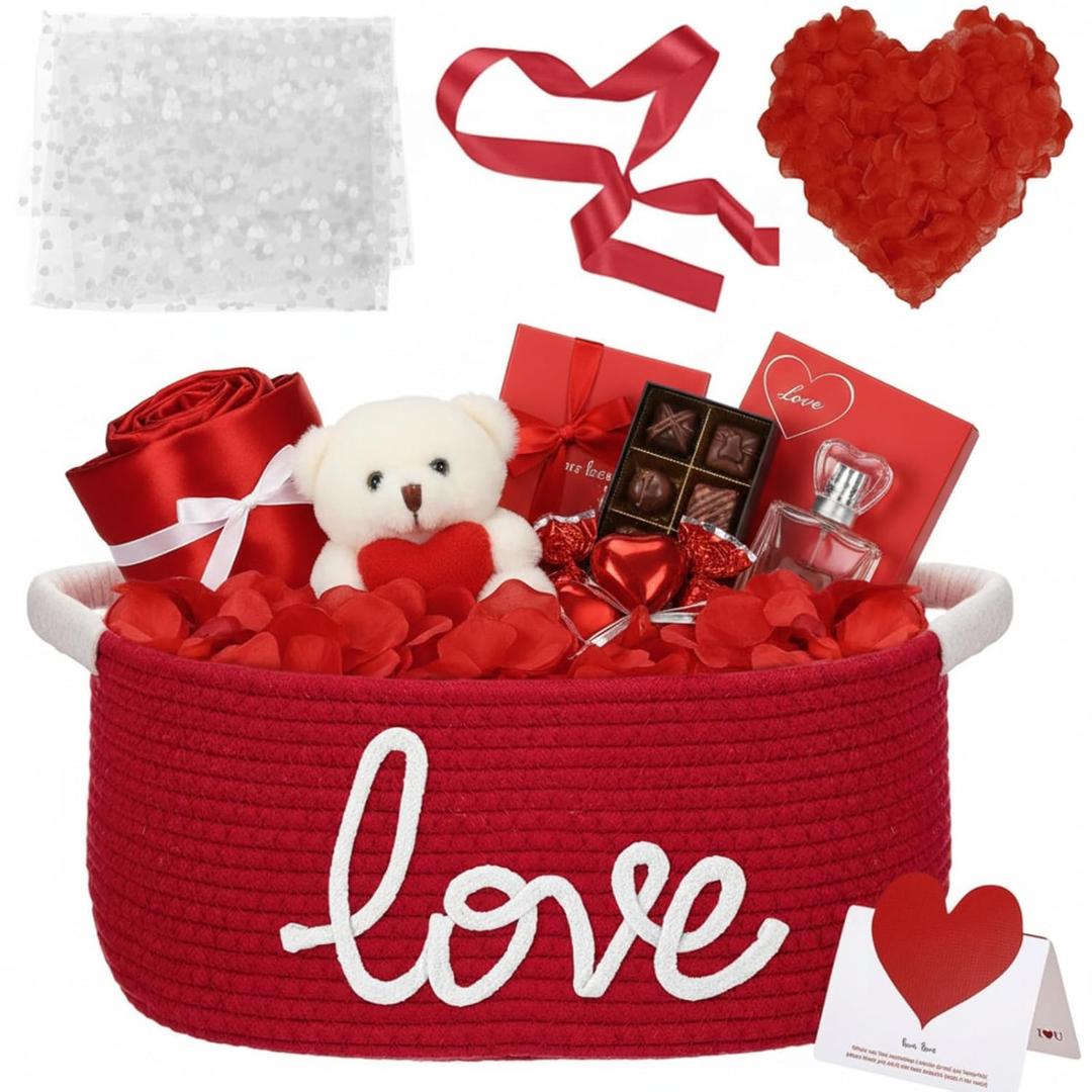 Colingmill Valentine's Day Woven Gift Basket with Bags Ribbon Gift Artificial Silk Rose Petals to Fill Decor Small Baskets for Wedding Birthday Anniversary, 13" d x 9" w x 6" hm (Red)