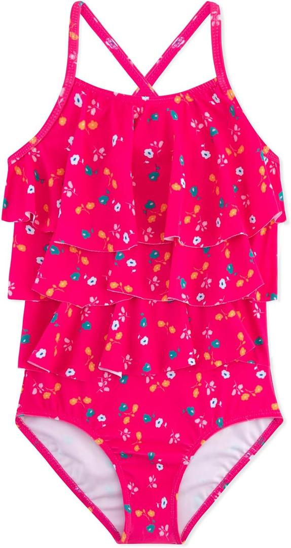 Girls One Piece Swimsuits Cute Ruffles Swimming Bathing Suit with Adjustable Straps Beach Pool Kids Swimwear 3T-12 (Rose Red Floral)