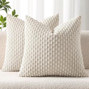MIULEE Pack Of 2 Decorative Throw Pillow Covers 18x18 Inch Soft Boho Striped Textured Corduroy Pillow Covers Modern Farmhouse Home Decor for Couch Bed Sofa Living Room Cream White