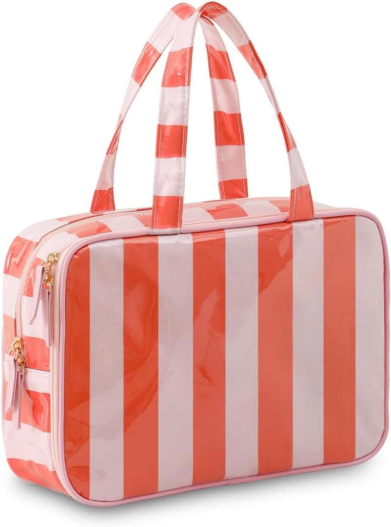 Travel Toiletry Bag for Women, Waterproof Clear Coated Portable Stripe Makeup Cosmetic Bag with Compartment, Travel Organizer for Shampoo, Conditioner, Brushes Set,Cosmetic Accessories(Pink-Orange)