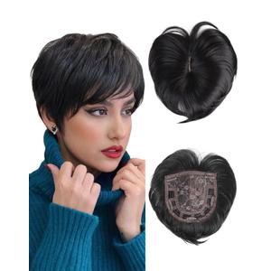 QUEENTAS Black Short Hair Toppers for Women with Thinning Hair 3603D Cover with 5 Clips Hair Pieces Wispy Bangs 6"*6" Large Coverage Men's Toupee(Black/1B)