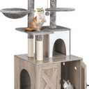 Snughome Cat Litter Box Enclosure with Tree Tower and Condo, Hidden Washroom Furniture with Sisal Scratching Post and Soft Plush Perch, Wooden Cat Furniture with Multiple Platforms, Grey