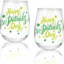 Whaline 2Pcs St Patrick's Day Stemless Wine Glasses 17oz Shamrock Drinking Glasses Happy St Patrick's Day Tumbler Cups Party Cups for St Patrick's Day Party Supplies Kitchen Decorations Gifts