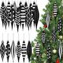 Realspring 12 Pcs Black and White Finial Drop Christmas Ornaments 6.3 inch Xmas Plastic Droplet Stripe Dot Matte Glitter Hanging Ball for Christmas Tree Party Decoration Supplies