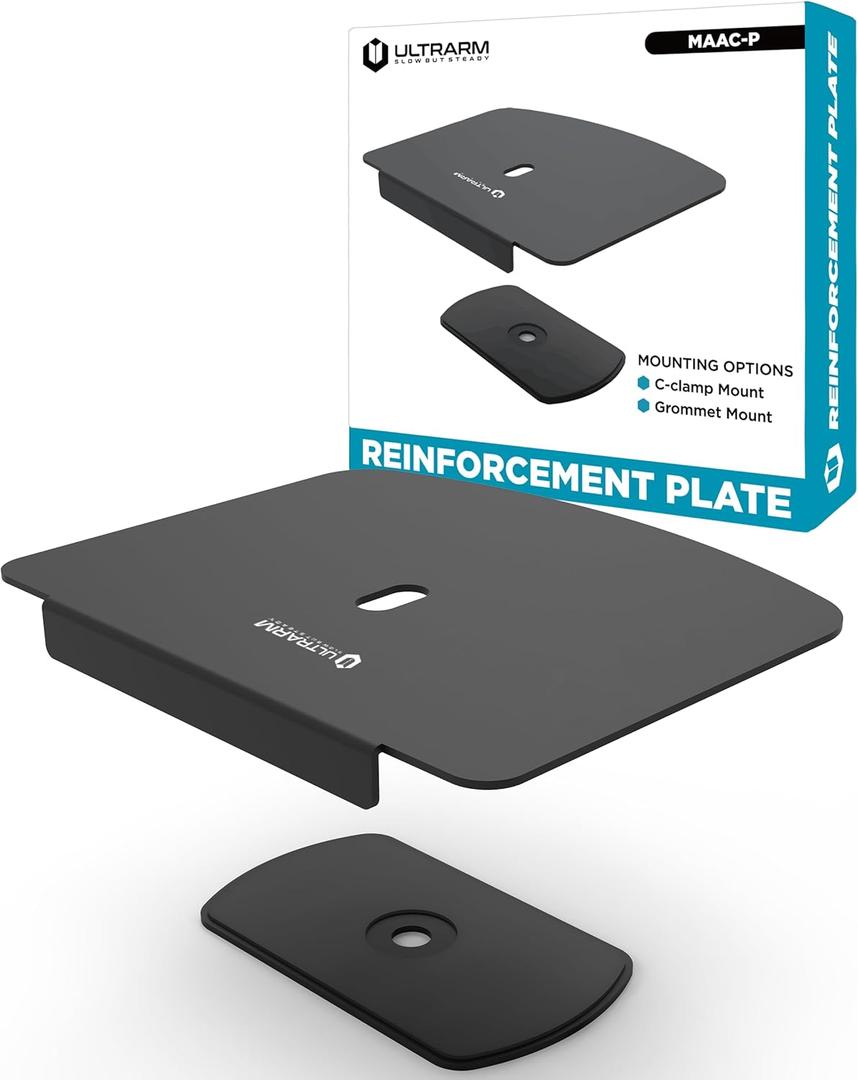 Steel Monitor Mount Reinforcement Plate for Thin Glass & Other Fragile Tabletop - Steel Bracket Plate Fits Most Desk Stand Grommet & C-Clamp Monitor Arm Mounts Installation Black MAAC-P