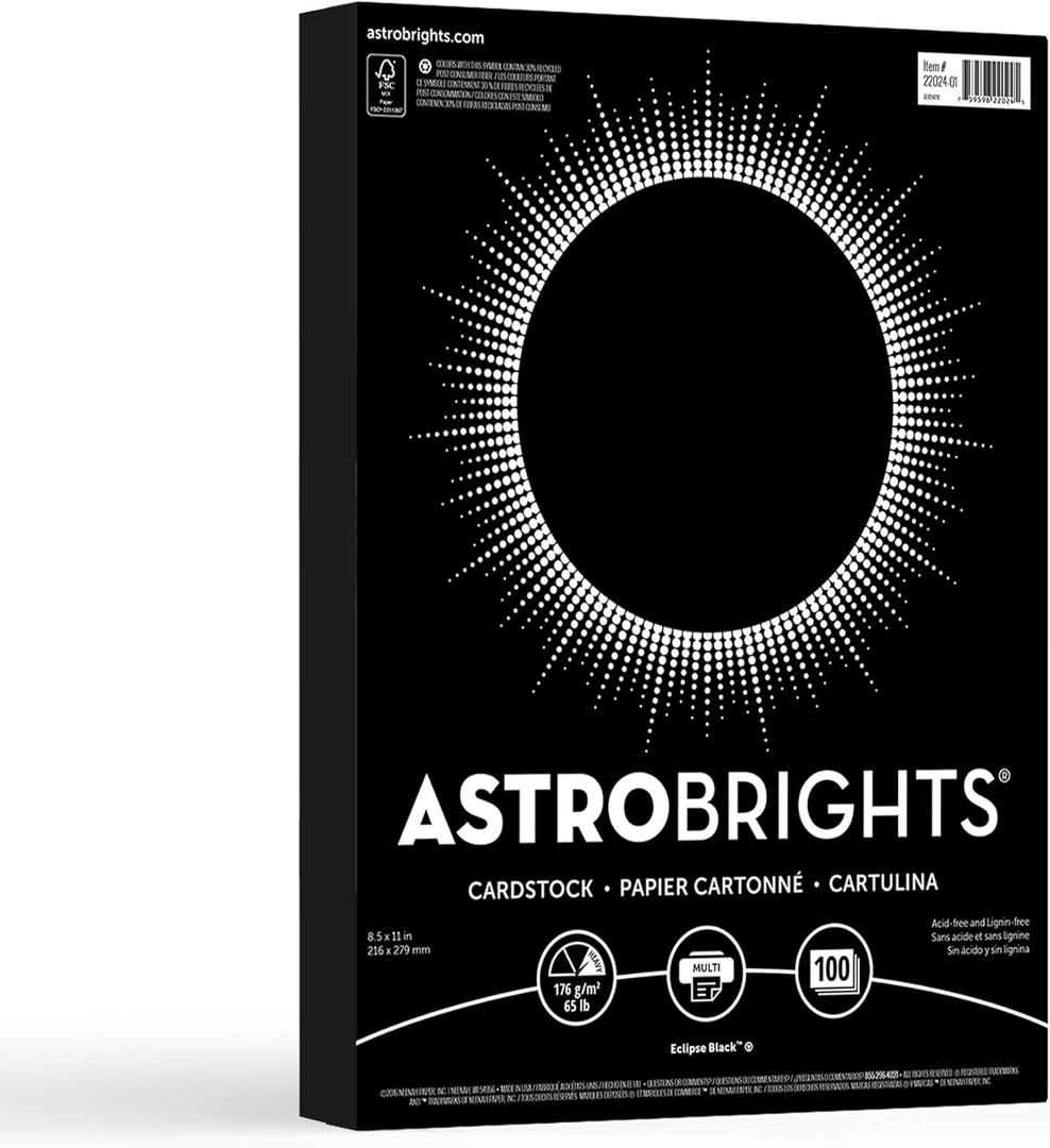 Astrobrights Color Cardstock, 65 lb Cover Weight, 8.5 x 11, Eclipse Black, 100/Pack