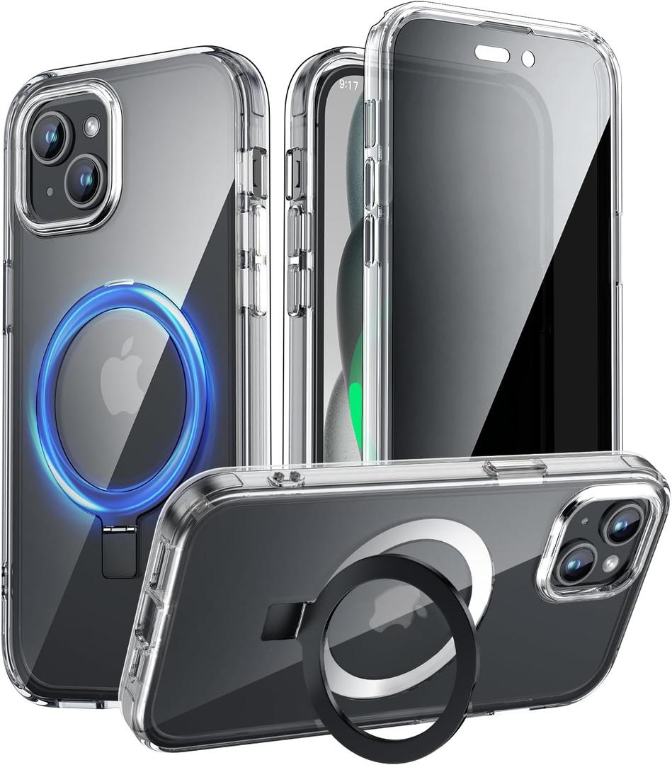 YXU Privacy Case for iPhone 15 Pro Max with Magnetic Invisible Stand [120 Foldable Durable Ring][Built-in Anti Peep Screen Protector] Full Body Slim Clear Back Phone Case Cover 6.7"Clear