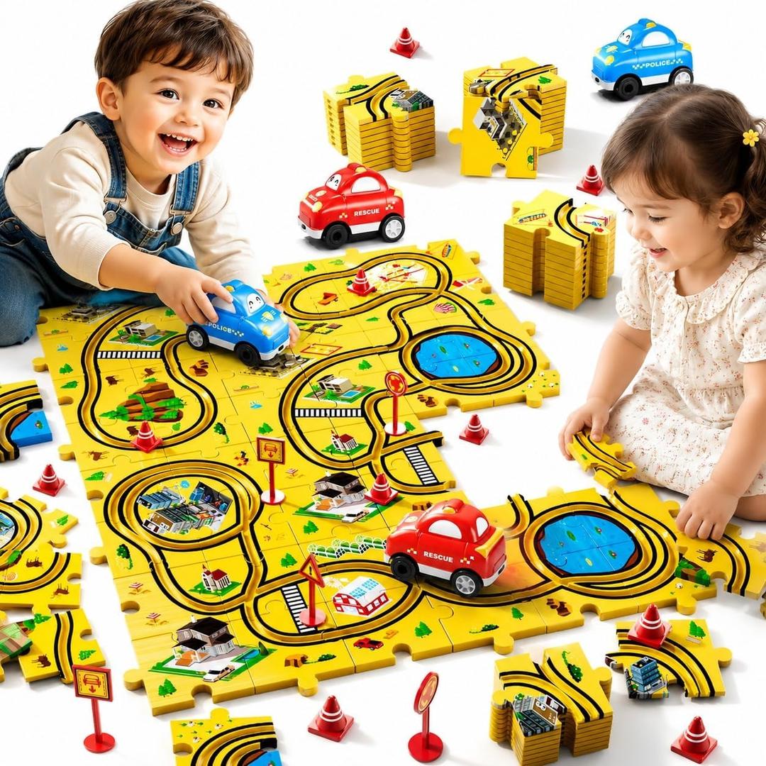 Bennol 56Pcs Puzzle Race Car Track Set Toys for Kids Floor Puzzle Tracks Car Gifts for 3 4 5 Year Old Boys Kids Toys Gifts for 3 4 5 Year Old Boys Puzzle Racer Set for Ages 3-5 4-6, Medium