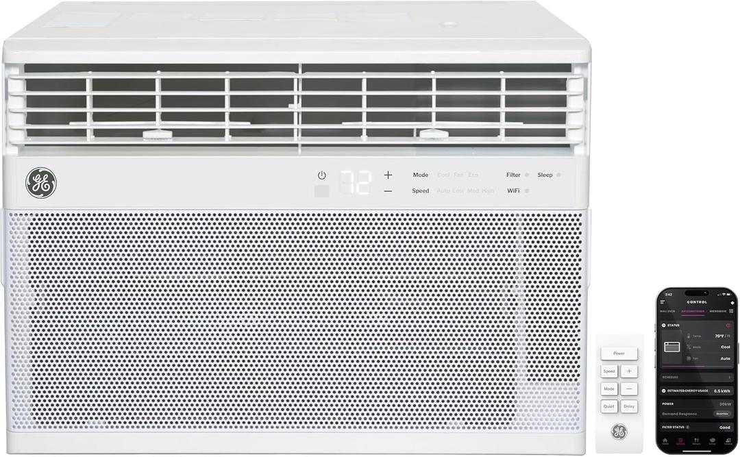 GE Window Air Conditioner 8,000 BTU for Rooms up to 350 sq ft., Wi-Fi Enabled, Energy-Efficient Cooling for Medium Rooms, Easy Install Kit, Control Using Remote or Smartphone App, White