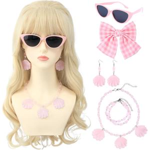 Long Blonde Wig with Bangs for Women Wavy Bouffant Synthetic Hair Wigs for Womens Cosplay Costume Halloween Party Including Shell Necklace Bracelets Earrings Sunglasses and Bow Hair Clip