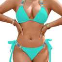 Women Sexy Crystal Rhinestone Bikini Set, Halter Triangle 2 Piece Swimsuit, High Cut Scrunch Butt Cheeky Bathing Suit (Small, Turquoise)