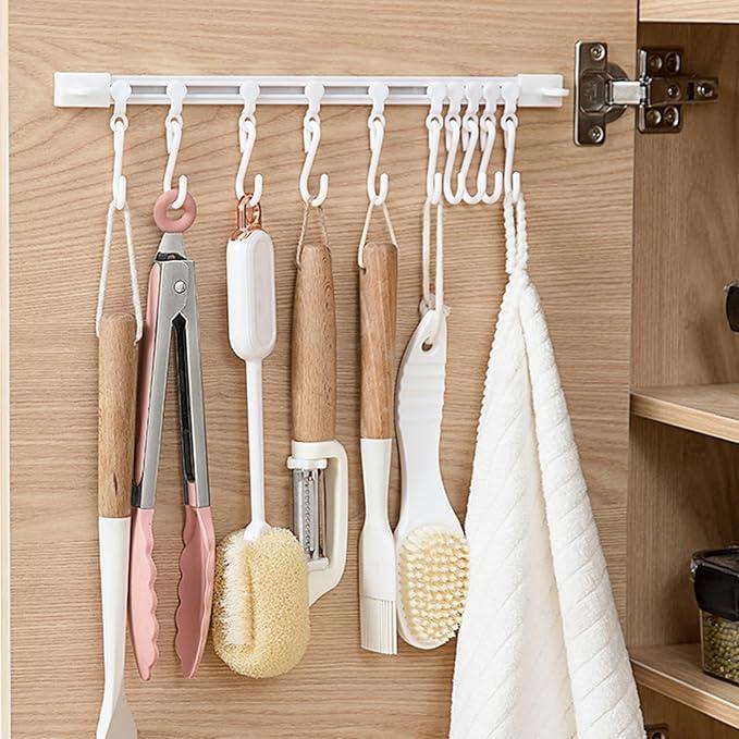 HEVOY Multifunctional Slide Rail Hook, Adhesive Wall Hooks Rack, Kitchen Utensil Holder with 10 Hooks, Cupboard Hanging Storage Rack for Bathroom Kitchen Bedroom (Side Mount + Hook, 11.8inch)