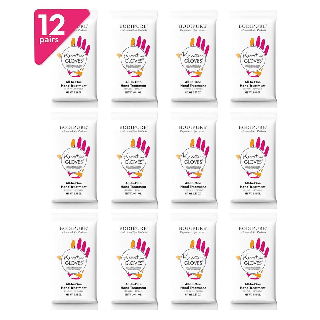 Bodipure Professional Keratin Gloves for Nail Strengthening, Moisturizing Hand Mask for Dry and Cracked Hands, Hand and Cuticle Treatment with Vegetable Keratin Cream 12 Pairs (1 Count (Pack of 12))