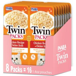 INABA Twin Packs for Cats, Side Dish/Topper Pouch, 1.4 Ounces per Serving, 16 Servings, Chicken Recipe in Chicken Broth (EXP 04/23/28)