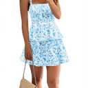 Wenrine Womens Floral Mini Dress Spaghetti Strap Sleeveless Tie Back Ruffle Summer Tiered Dresses, S