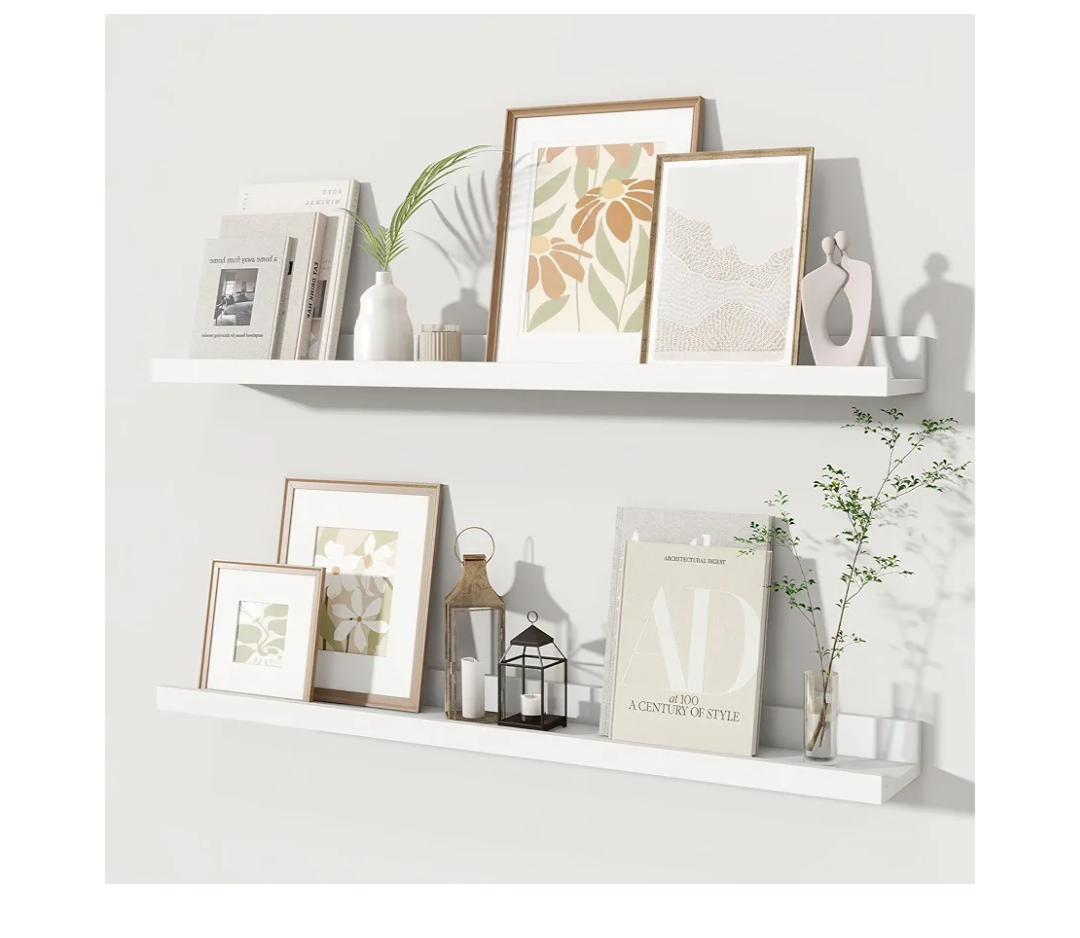 Fun Memories Picture Ledge Shelves Set of 2, 32 Inch Rustic Wall Mounted Floating Shelves with Lip for Home Storage and Décor in Bathroom, Kitchen, Nursery, Bedroom, Living Room, White