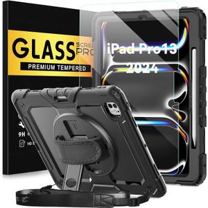 BLOSOMEET Case for iPad Pro 13 Inch 2024 M4 with Tempered Glass Screen Protector & Pencil Holder, Heavy Duty iPad Cover for Pro 13 Inch with Stand Handle Shoulder Strap (Black)