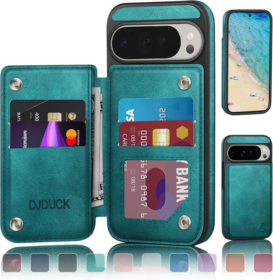 DJDUCK Designed for Google Pixel 10 Pro XL Case Wallet with Card Holder, [Magnetic Clasp Cover] [RFID Blocking Leather Protection] Shockproof Women Men Cases for Pixel 10 Pro XL Blue Green