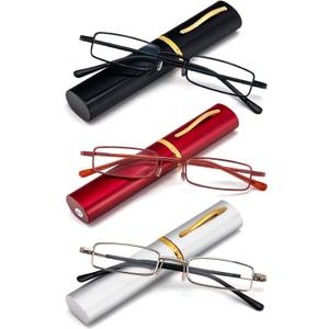 REAVEE 3 Pack Slim Pen Reading Glasses Small Tube Stylish Readers for Women Men Spring Hinged with Portable Clip Case, Black Red Silver 2.75