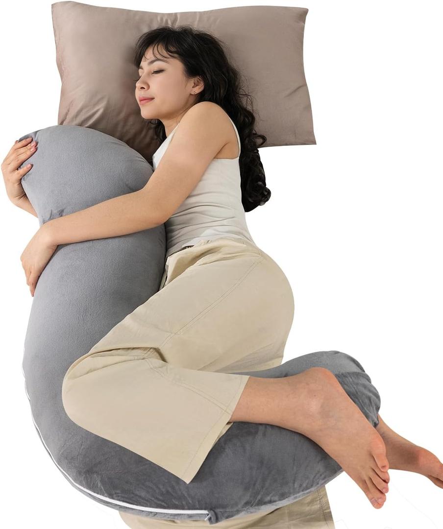 QUEEN ROSE Body Pillow for Side Sleepers, Soft Comfort S Shaped Hug Pillow for Adults, Full Body Support, Velvet Grey, 41in
