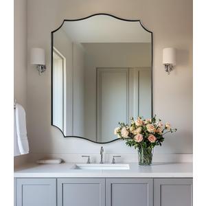 ANDY STAR 28x36 Inch Brushed Nickel Mirror, Scalloped Bathroom Mirror for Wall, Silver Vanity Mirror with Rust-Proof Stainless Steel Frame, Sophisticated Curved Design Ideal for Home Remodel