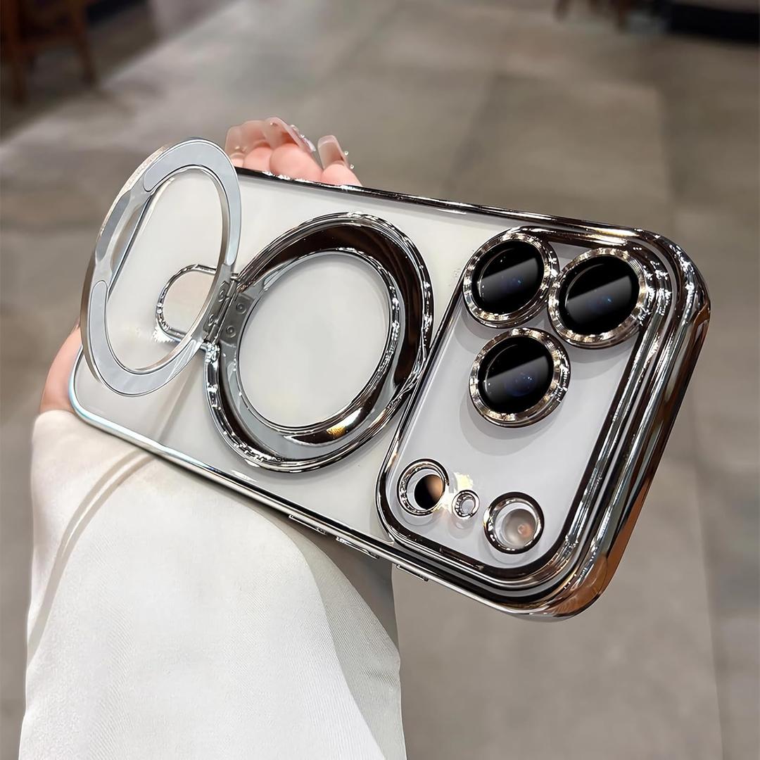 LXK Magnetic Invisible Stand for iPhone 17 Pro Case 6.3" Compatible with MagSafe, Military-Grade Protection, with Camera Protector, Clear Scratch-Resistant Back Cover for iPhone 17 Pro, Silver