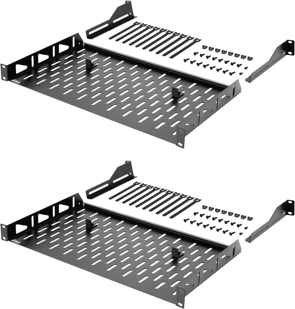 Tecmojo Server Rack Shelf, 1U Rack Shelf 10in Depth, Rack Mount Shelf with Anti-Slip Stops, 110lbs Weight Capacity of Vented Network Rack Shelf for Data/AV/IT/Audio Racks, with Lip(2 Pack), Black