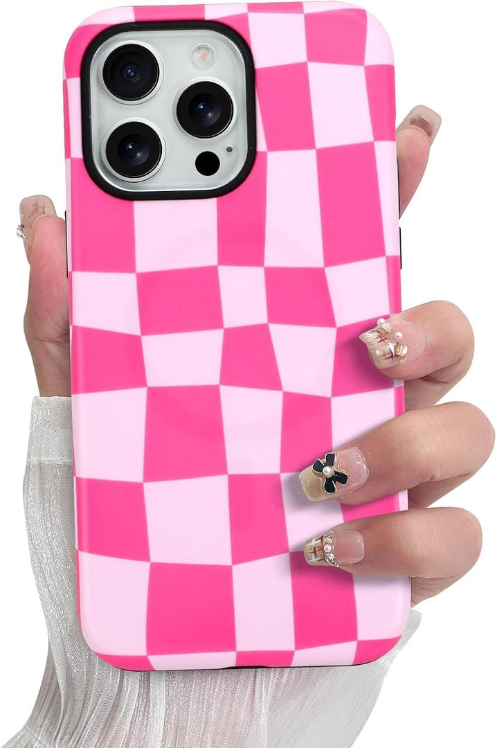 SOKAD Magnetic Checkered Phone Case for iPhone 13 Pro Max, Cute Grids Plaid Checkerboard Pattern Compatible with Magsafe Matte Protective Case Cover with Screen Protector for Girls Women, Hot Pink