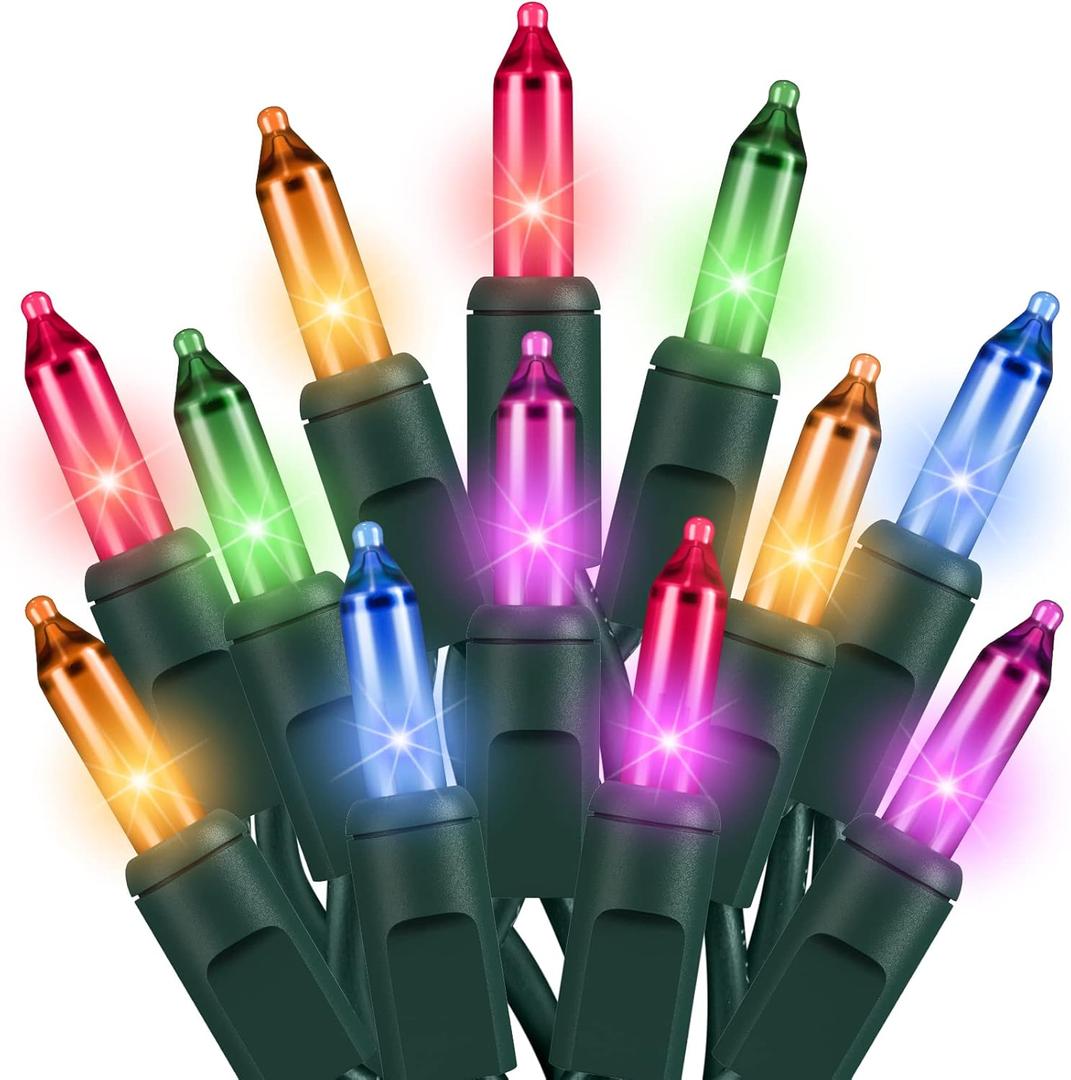 Christmas Lights Multicolor 100 Count Incandescent Light UL Certified Connectable Christmas Tree Lights with Green Wires for Indoor Outdoor Xmas, Wedding, Holiday, Party, Home Decorations